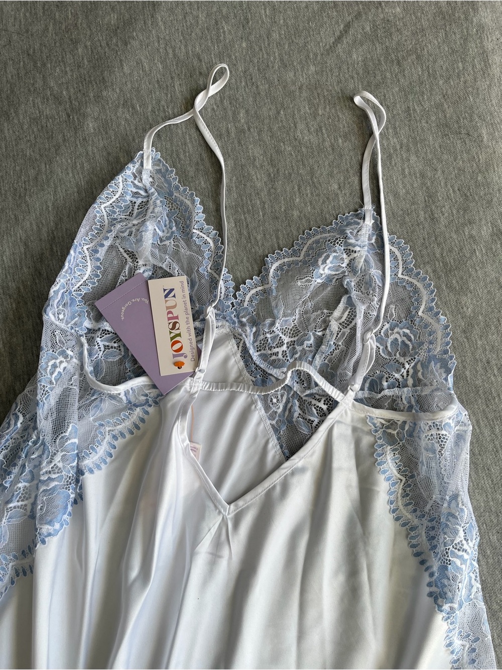 White Satin Chemise with Pale Blue Lace Trim by Joyspun